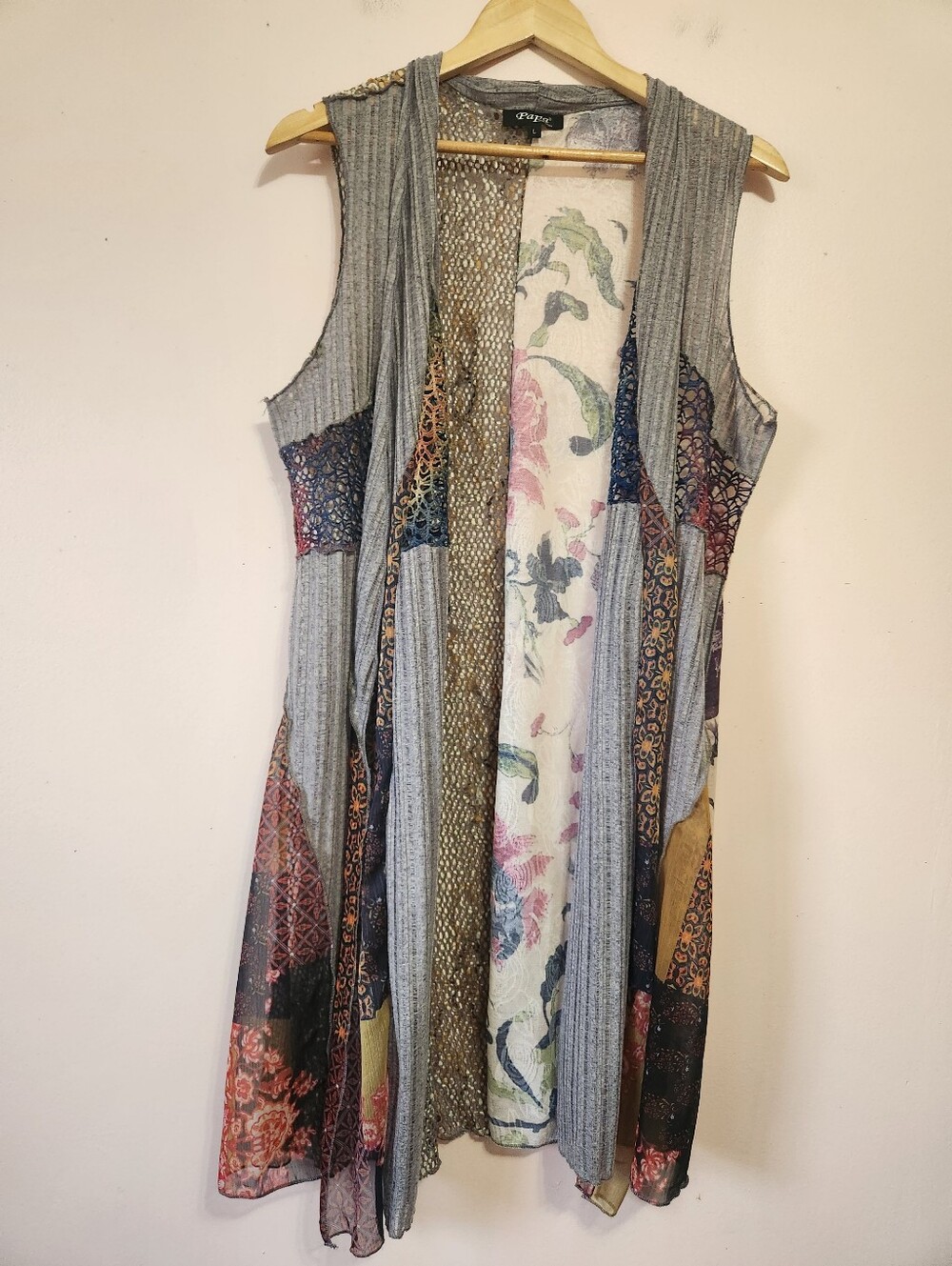 ​Papa Vancouver Boho Mixed Media Patchwork Sleeveless Duster Vest Size L EUC